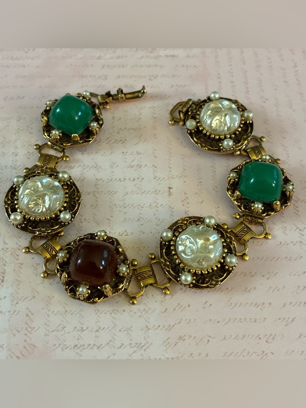 Vintage Victorian Revival Bookchain Bracelet with faux pearls chunky cabochons